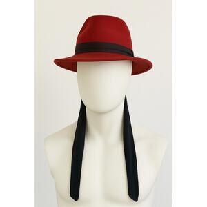Vintage 100% Wool Red Wide Brim Fedora Hat with Black Ribbon USA Made Unisex‎